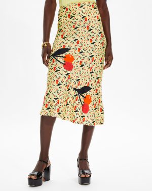 Yellow Printed Silk Blend Midi Skirt