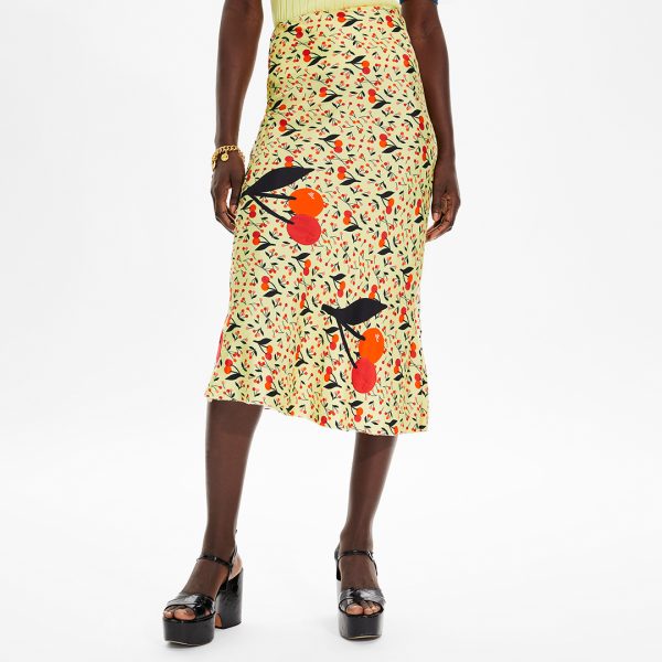 Yellow Printed Silk Blend Midi Skirt