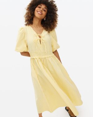 Yellow Striped Tie Detail Midaxi Tea Dress