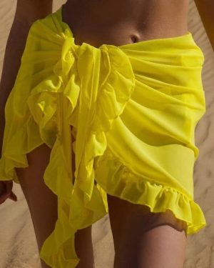(Yellow) Women Solid Bikini Sheer Cover Up Skirt Ruffle Sarongs Summer Beach Swimwear Wrap Sarong Swimsuit