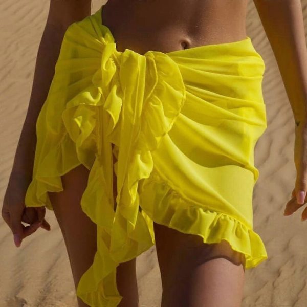 (Yellow) Women Solid Bikini Sheer Cover Up Skirt Ruffle Sarongs Summer Beach Swimwear Wrap Sarong Swimsuit