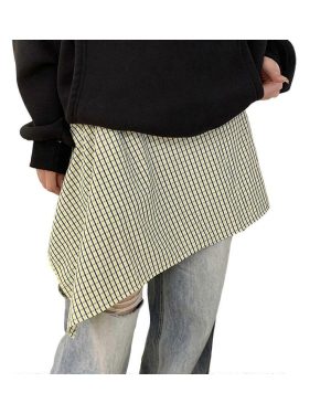 (Yellow and blue plai) Women Checkered Layering Wrap Skirt A Line Detachable Underskirt Tie Up Asymmetrical Hip Scarf Shirt Extender Streetwear Blue