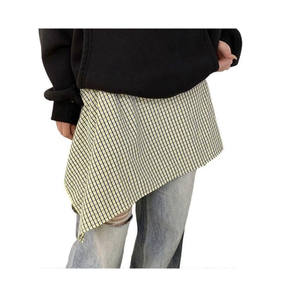 (Yellow and blue plai) Women Checkered Layering Wrap Skirt A Line Detachable Underskirt Tie Up Asymmetrical Hip Scarf Shirt Extender Streetwear Blue