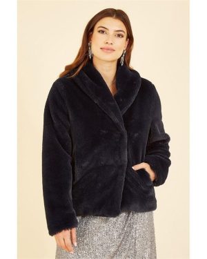 Yumi Black Short Wrap Faux Fur Coat