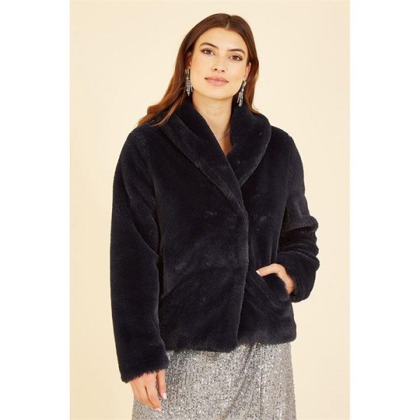 Yumi Black Short Wrap Faux Fur Coat