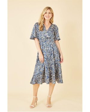 Yumi Blue Animal Print Wrap Midi Skater Dress