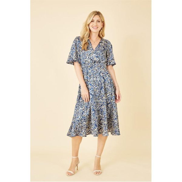 Yumi Blue Animal Print Wrap Midi Skater Dress