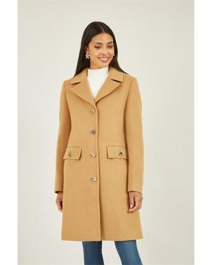 Yumi Camel Military Button Through Coat - Beige