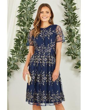 Yumi Navy Embroidered Floral Skater Dress - Blue