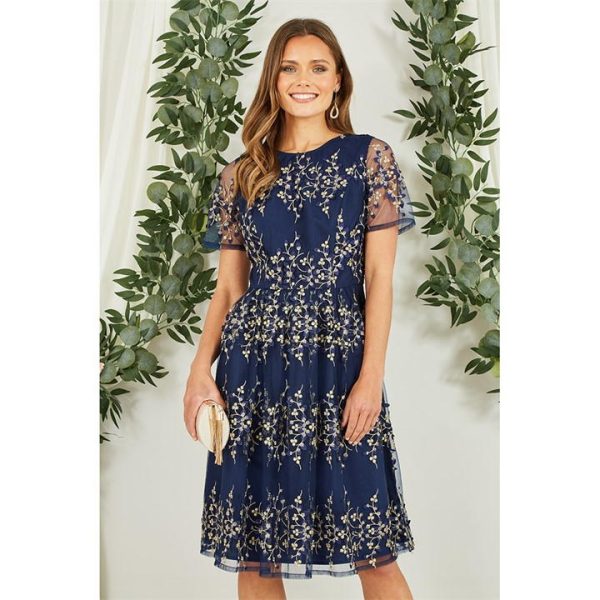 Yumi Navy Embroidered Floral Skater Dress - Blue