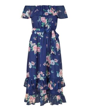 Yumi Yumi Green Floral Bardot Midi Dress - Blue