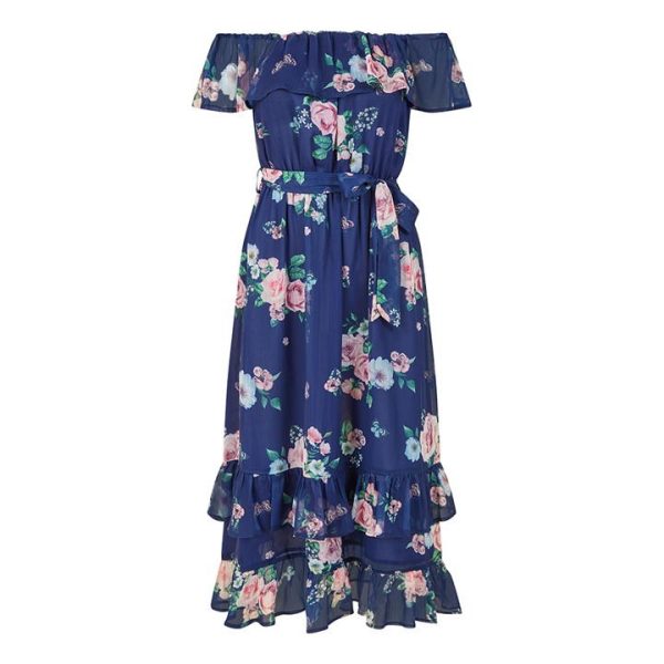 Yumi Yumi Green Floral Bardot Midi Dress - Blue