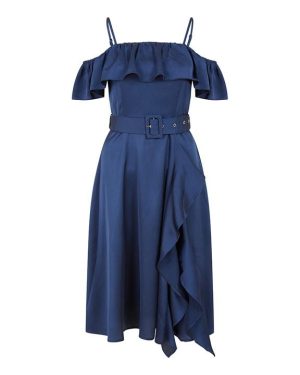 Yumi Yumi Navy Bardot Satin Frill Dress With Belt - Blue