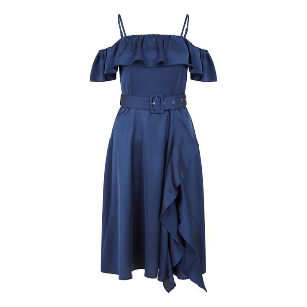 Yumi Yumi Navy Bardot Satin Frill Dress With Belt - Blue
