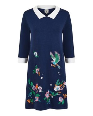 Yumi Yumi Navy Floral Embroidered Knitted Dress - Blue