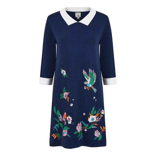 Yumi Yumi Navy Floral Embroidered Knitted Dress - Blue