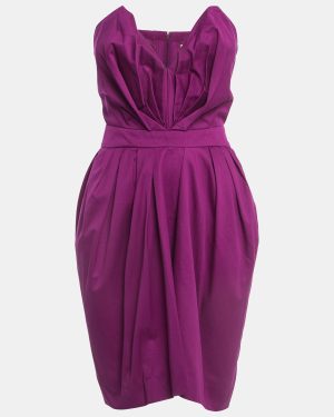 Yves Laurent Paris Purple Cotton Strapless Pleated Mini Dress S