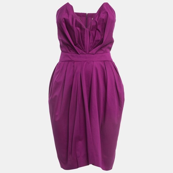 Yves Laurent Paris Purple Cotton Strapless Pleated Mini Dress S