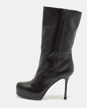 Yves Saint Laurent Black Leather Tribtoo Platform Ankle Boots Size 39