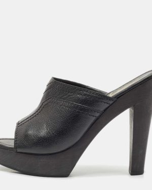 Yves Saint Laurent Black Leather Wooden Platform Mules Size 38.5
