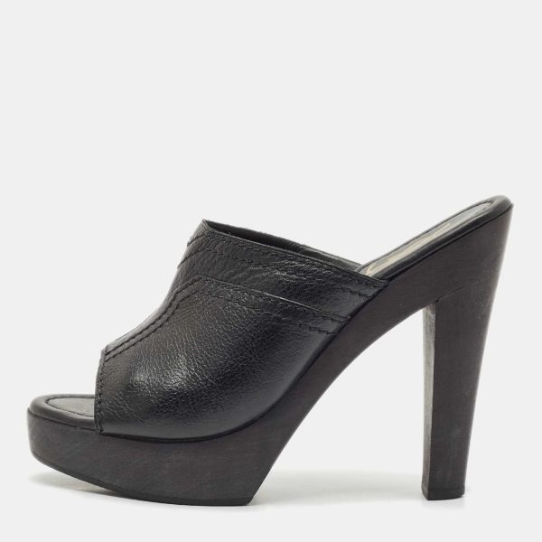 Yves Saint Laurent Black Leather Wooden Platform Mules Size 38.5