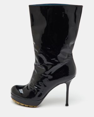 Yves Saint Laurent Black Patent Leather Mid Calf Platform Boots Size 39