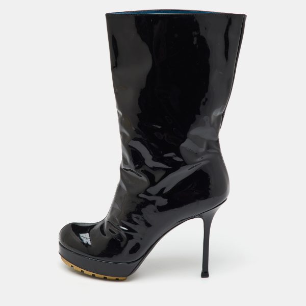 Yves Saint Laurent Black Patent Leather Mid Calf Platform Boots Size 39