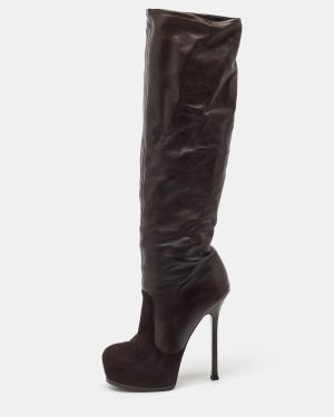 Yves Saint Laurent Dark Brown Suede and Leather Platform Knee High Boots Size 40