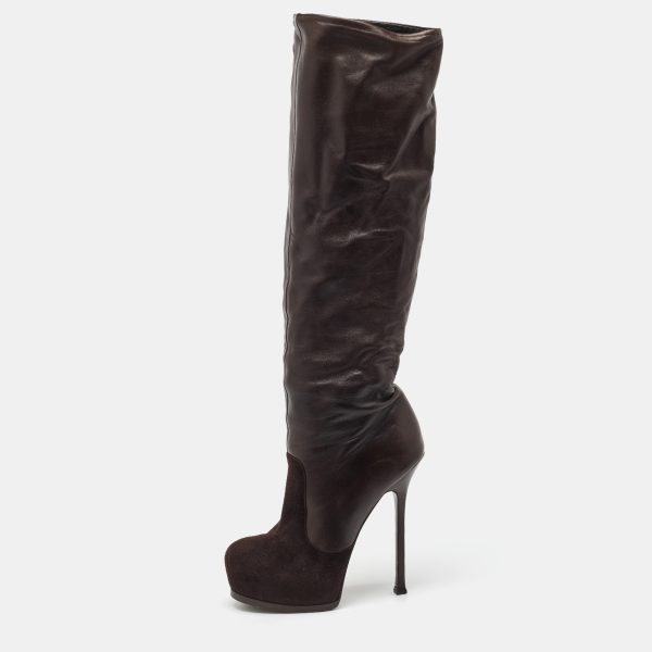 Yves Saint Laurent Dark Brown Suede and Leather Platform Knee High Boots Size 40