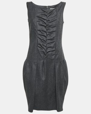 Yves Saint Laurent Dark Grey Wool Smock Detail Sleeveless Mini Dress M