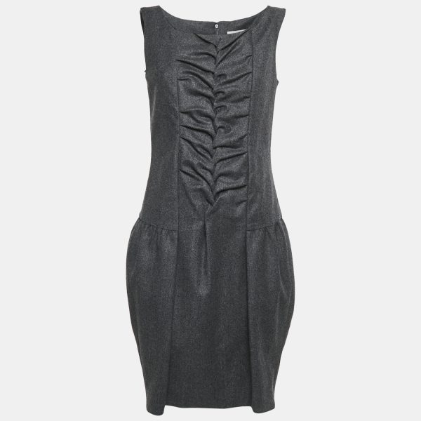 Yves Saint Laurent Dark Grey Wool Smock Detail Sleeveless Mini Dress M