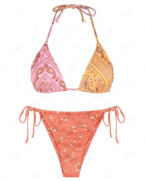 ZAFUL Ribbed Boho Paisley Print String Bikini Swimwear S Multi a
