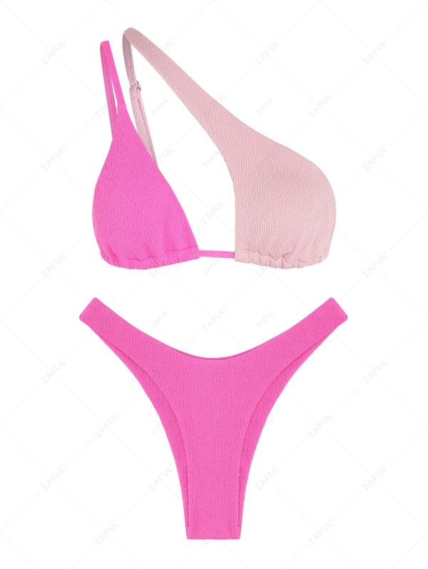 ZAFUL Two Tone Textured One Shoulder Bikini Swimwear L Light pink
