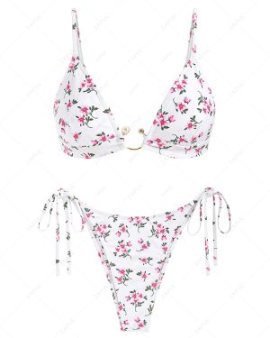 ZAFUL Women's Ditsy Floral Spaghetti Strap Tie Side Faux Pearl Metal Hardware Triangle String Bikini Set Matching Two Piece Swimwear M White