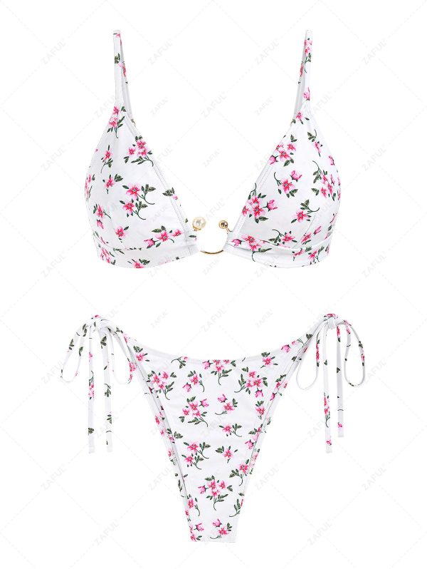 ZAFUL Women's Ditsy Floral Spaghetti Strap Tie Side Faux Pearl Metal Hardware Triangle String Bikini Set Matching Two Piece Swimwear M White