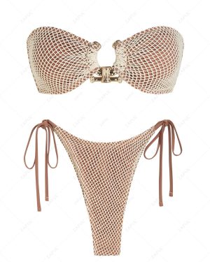 ZAFUL Women's Metal O Ring Decor Lace Up Back Fishnet Tie Side Bandeau Tanga Bikini Set Two Piece Swimwear M Coffee