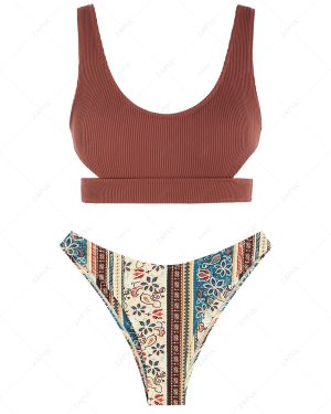 ZAFUL Women's Ribbed Cut Out Boho Ethnic Print Floral Print Mix and Match High Cut Tank Style Cheeky Bikini Set Swimwear M Multi a