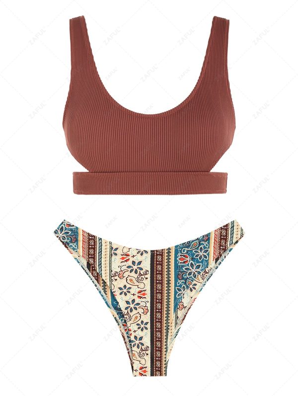 ZAFUL Women's Ribbed Cut Out Boho Ethnic Print Floral Print Mix and Match High Cut Tank Style Cheeky Bikini Set Swimwear M Multi a