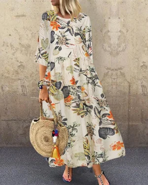 ZANZEA Plus Size Women Beach Long Dress Retro Floral Printed Round Neck Three Quarter Sleeve Pleated Beach Maxi Dresses