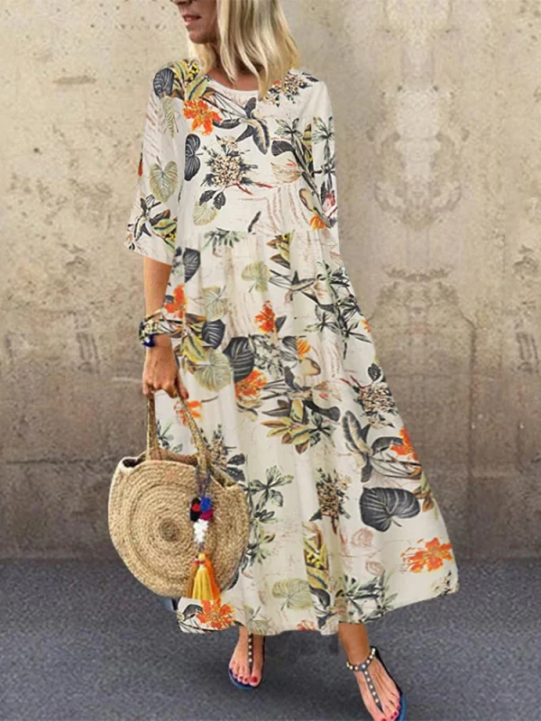 ZANZEA Plus Size Women Beach Long Dress Retro Floral Printed Round Neck Three Quarter Sleeve Pleated Beach Maxi Dresses