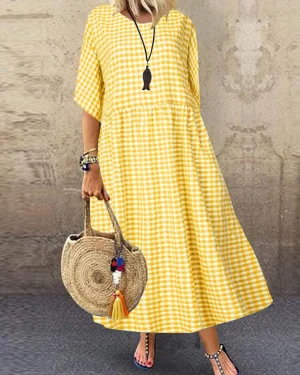 ZANZEA Plus Size Women Long Dress Casual Loose Plaid Print O-Neck Half Sleeve Beach Maxi Dress
