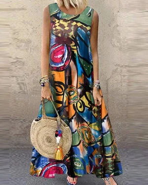 ZANZEA Plus Size Women Long Dress Retro O-neck Abstracted Print Sleeveless Beach Maxi Dress with Pockets