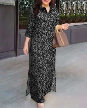 ZANZEA Women Vintage 3/4 Sleeve Lapel Split Dresses Floral Print Long Casual Shirtdress