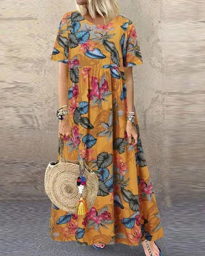 ZANZEA Womens Summer Short Sleeve Printed Swing Long Maxi Dress Holiday Beach Sundress