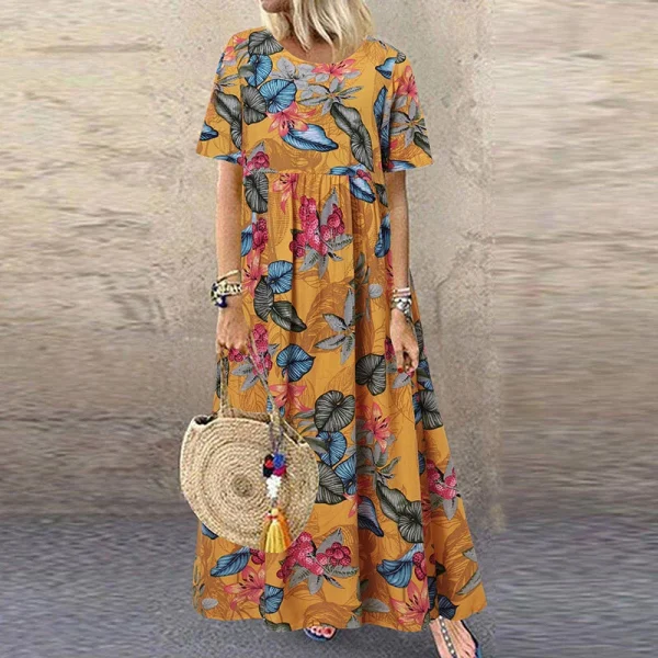 ZANZEA Womens Summer Short Sleeve Printed Swing Long Maxi Dress Holiday Beach Sundress
