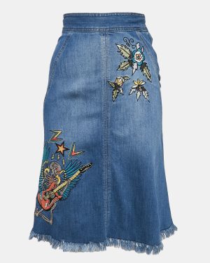 Zadig & Voltaire Blue Embroidred Denim Jamille Brode Deluxe Knee-Length Skirt S