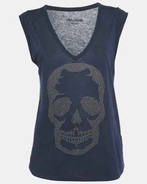 Zadig & Voltaire Navy Blue Skull Stud Cotton and Modal Knit Brooklyn Strass Top S