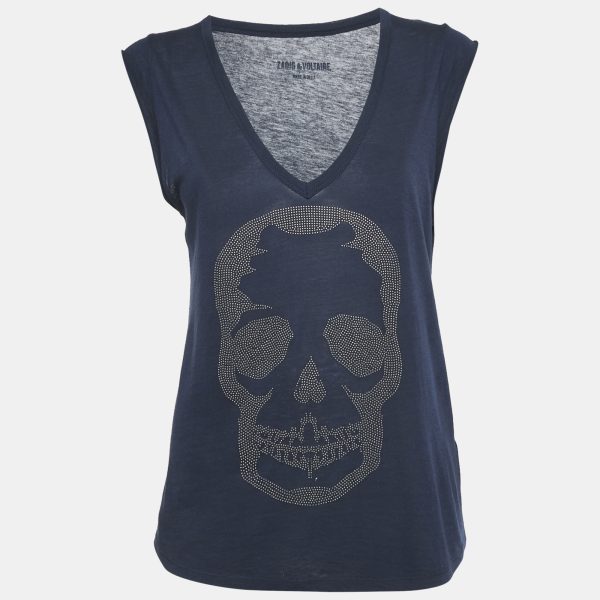 Zadig & Voltaire Navy Blue Skull Stud Cotton and Modal Knit Brooklyn Strass Top S