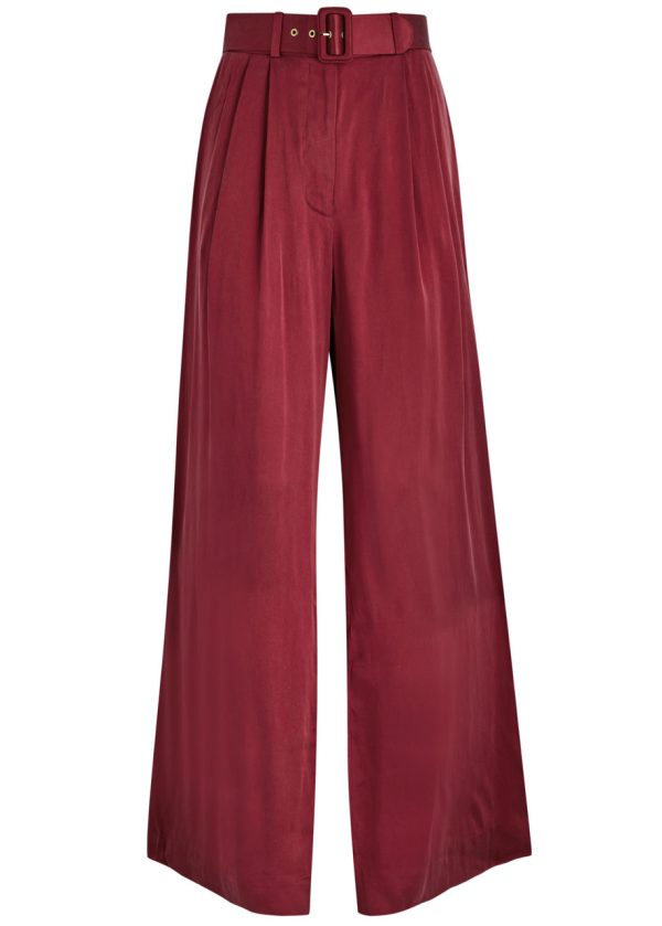 Zimmermann Belted Wide-leg Silk-satin Trousers - Bordeaux - 00 (UK 6 /xs)