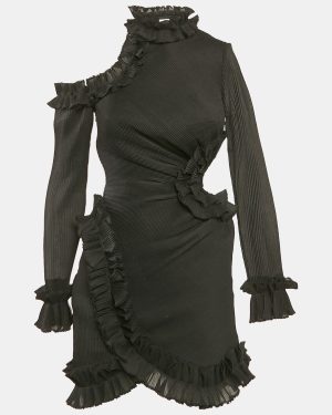 Zimmermann Black Plisse Ruffled Cut-Out Mini Dress XS